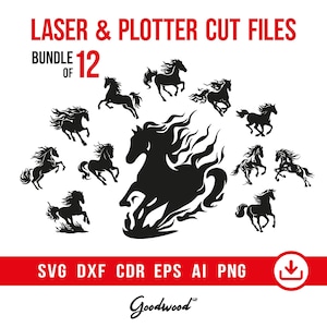 12 Fire Horse Silhouettes SVG, Stallion Clipart for Laser Cutting, Horse Outline Vector for Glowforge, Cricut Cutting Files, DXF Cdr Ai PNG