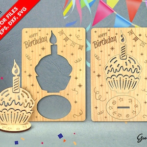 Happy Birthday 3D Pop Up Card Template SVG, Wooden Cake Cupcake 3mm, Laser Cut Files DXF, Greeting Card Happy Bday, Instant Download 4x6"