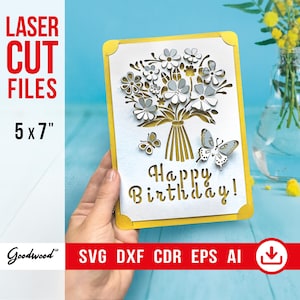 Pop up birthday card SVG DXF Cdr Pdf, Bouquet flowers and butterfly Bday, Papercut template, DIY card 5x7, Laser cutting, Handmade, Instant
