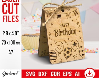 Carte d'anniversaire gravée sur bois SVG CdR DXF Ai EPS | anniversaire ballons en bois | Fichiers découpés au laser pour vos amis | Modèle à téléchargement immédiat