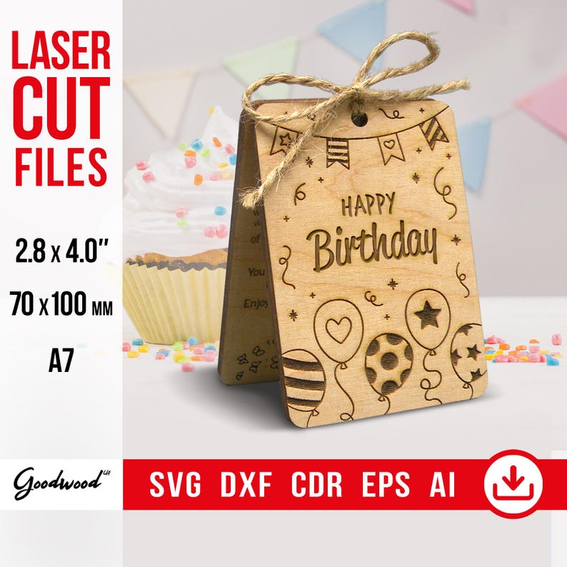 Carte d'anniversaire gravée sur bois SVG CdR DXF Ai EPS | anniversaire ballons en bois | Fichiers découpés au laser pour vos amis | Modèle à téléchargement immédiat image 1