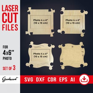 Set of 3 Puzzle Photo Frame SVG Templates – 4x6 Wooden Picture Frames for Laser Cut, CNC Vector Files Dxf Eps Ai, Instant Digital Download