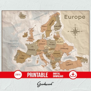 Vintage Printable Europe Map, Sepia Wall Art JPG, European Countries Borders Names, Digital Download