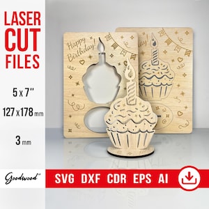 3D Celebration Pop-Up Card SVG Template | Laser Cut Wooden Cake Design 5x7" | Bday Cupcake Files DXF CdR | DIY Greeting | Instant Download
