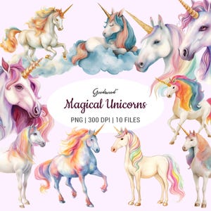 Magical Unicorn Clipart – Watercolor Fairy Tale PNG Bundle – Nursery Art, Unicorn Party Decor – Creative Projects – Commercial License