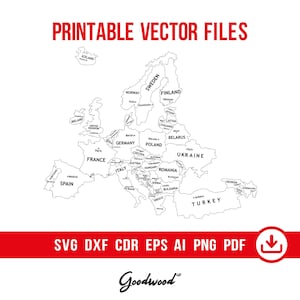 以下が含まれることがあります： 国名が記載された白黒のヨーロッパのベクターマップ。「PRINTABLE VECTOR FILES」というテキストが上部に赤色で表示されています。地図の下には、ファイル形式のオプションとダウンロードアイコンがあります。