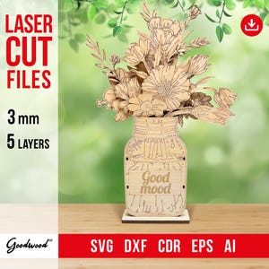 Layered 3D Flowers Vase Template | Wooden Floral Laser Cut SVG DXF Ai EPS | Standing Decor for Mother’s Day, Mom Birthday | Instant Download
