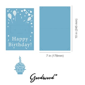 Technical layout of the pop-up cupcake card showing assembled size 7x5 inches and opened size 7x10 inches (245x178 mm). Vector SVG template scheme for laser cutting and DIY card assembly.