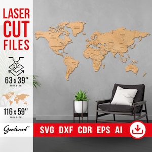 World Map Laser Cut Template SVG DXF Eps Ai, Political Wall Map with Capitals, Travel Map, Vector Files for Laser Cutter, Instant Download