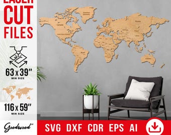 World Map Laser Cut Template SVG DXF Eps Ai, Political Wall Map with Capitals, Travel Map, Vector Files for Laser Cutter, Instant Download