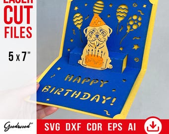 Layered 3D Pop-Up Birthday Card with Pug Puppy – DIY Dog Bday Card | Laser Cut Template Svg Dxf Cdr Ai Eps | Handmade 5x7 Instant Download