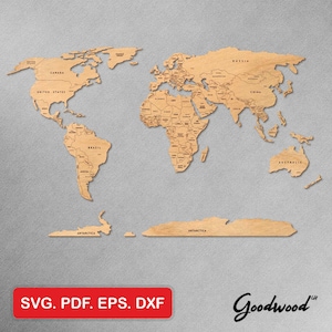 Weltkarte mit Ländern und Hauptstädten SVG DXF EPS | Laser geschnittene Vektordateien | Holz Wand Kunst | Politische Landkarte | Reise Dekor | Sofort Download