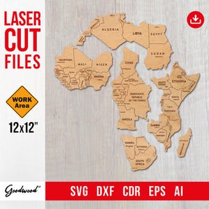Mapa de África con países SVG DXF CDR Ai / Archivos cortados con láser / Área de trabajo de 30x30 cm / Mapa político mural, rompecabezas de madera grande / Descarga instantánea