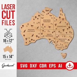 Große rustikale Wandkarte von Australien SVG DXF EPS Ai - Laser geschnittene Vektordateien, Reisekarte aus Holz mit Flora & Fauna, Wandkunst, Sofort Download