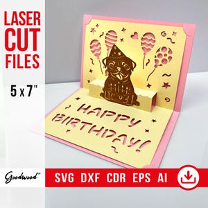 Tarjeta de cumpleaños desplegable con cachorro de pug / Plantilla cortada con láser SVG DXF CdR PdF Eps / Tarjeta de cumpleaños de perro DIY / Hecha a mano / Descarga instantánea / 5x7