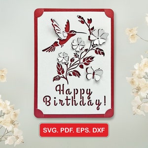 Kolibrie pop-up kaartsjabloon SVG DXF, DIY verjaardag verjaardagskaart, bloemdessin, lasersnijden bestanden, handgemaakt, instant download, 5 x 7"