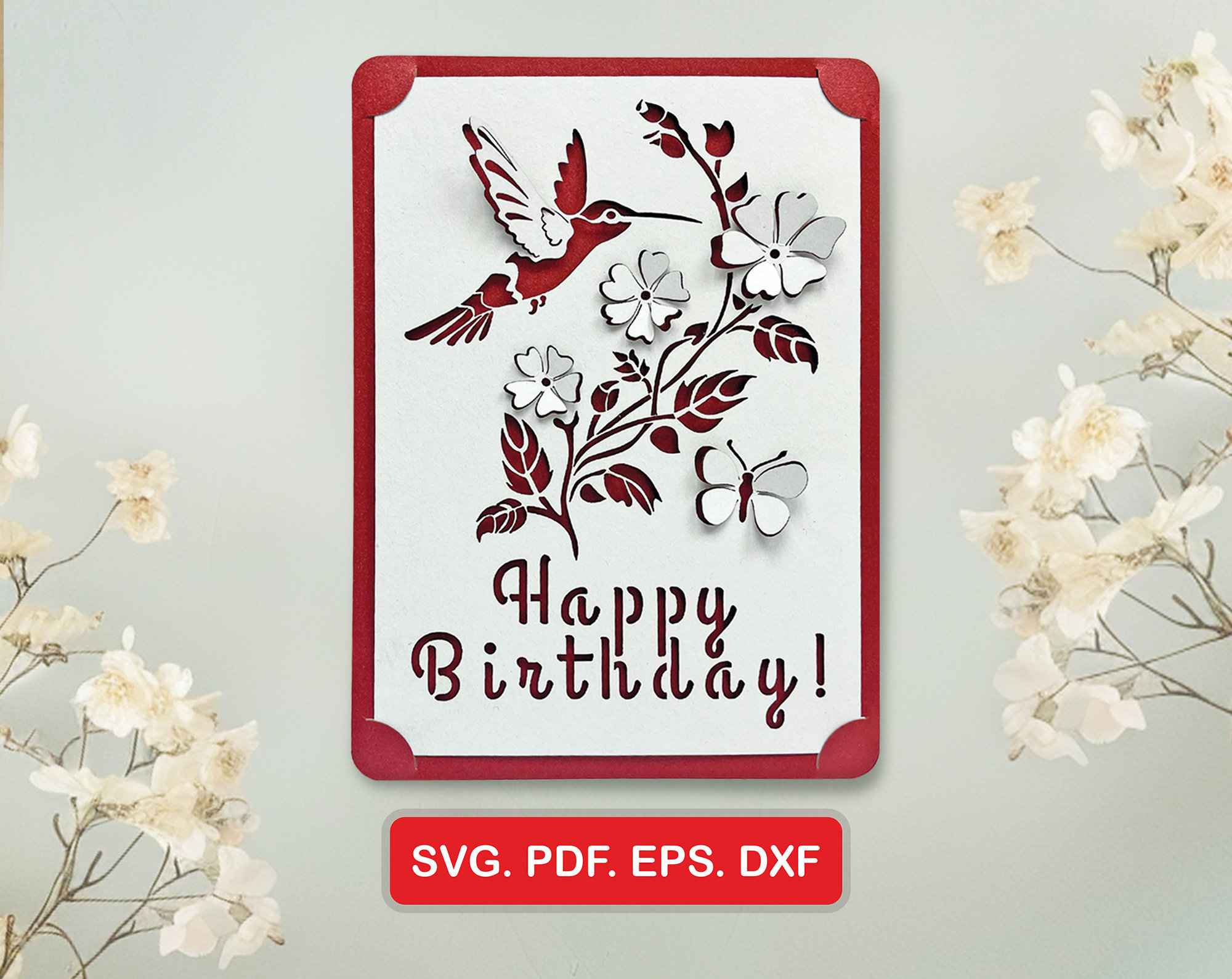 Hummingbird Bird Pop-Up Card Template SVG DXF, DIY Birthday Bday Card, Flower Design, Laser Cutting Files, Handmade, Instant Download, 5x7"