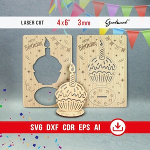 Happy Birthday cupcake-kaart SVG, lasergesneden bestanden, 3D-sjabloon voor houten taart: 4 x 6, 3 mm