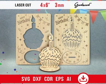 Happy Birthday Cupcake Card SVG, Laser Cut Files, 3D Wood Cake Template 4x6, 3mm