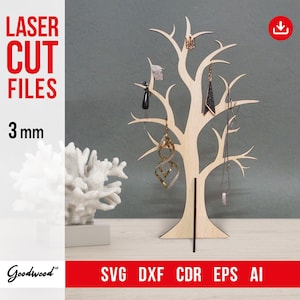 Laser Cut Tree SVG DXF EPS, Tree Jewelry Stand, Earring Holder, Necklace Organizer, Jewelry Rack, Jewelry Tower, 3mm Wood, Digital Download