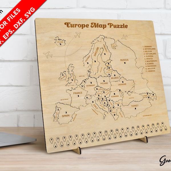 Map of Europe wooden puzzle SVG, Vector File DXF PdF EPS, Desktop map, Wood travel map, Map template, Europe map 2 layers Laser cut Download