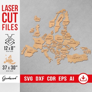 Carte de l'Europe avec pays et capitales SVG DXF, fichier vectoriel pour découpe laser, espace de travail 12 x 20 cm, art mural bois, carte puzzle, téléchargement immédiat