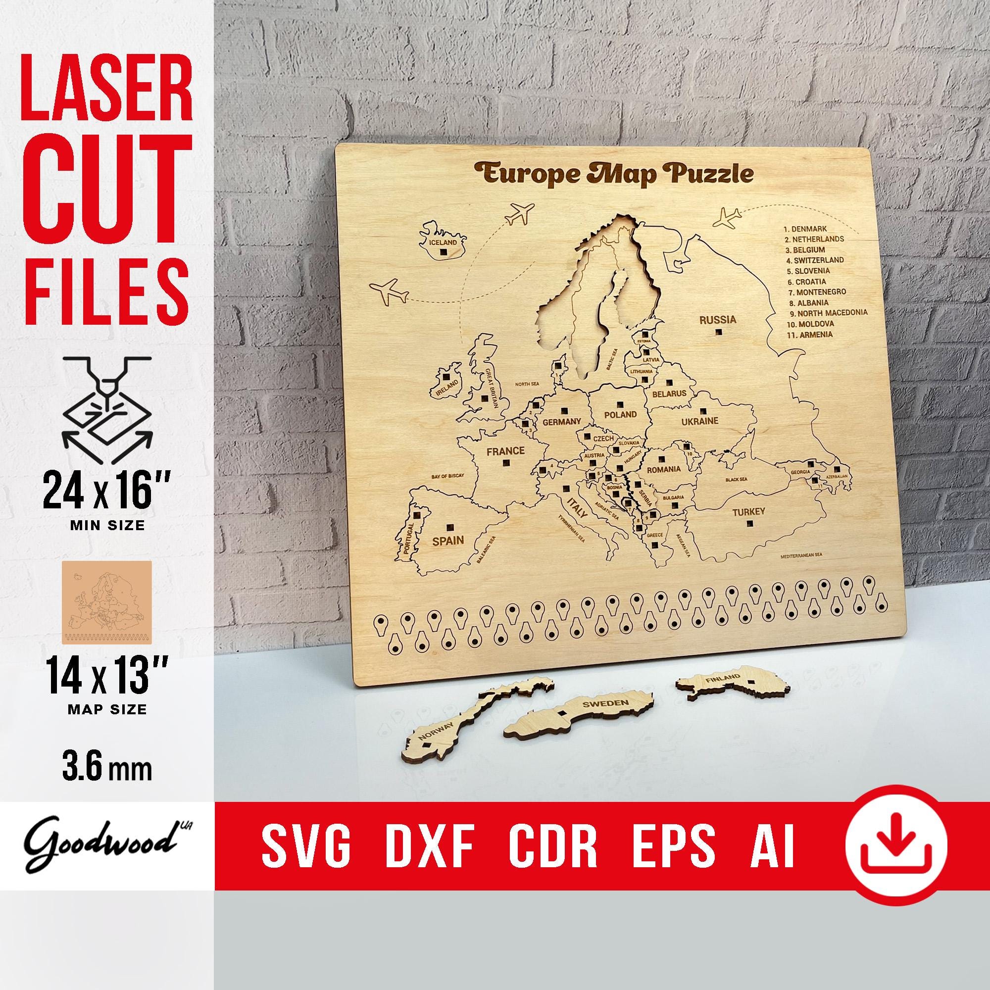 Europe Wooden Puzzle Map Template SVG, 2-Layer Laser Cut Files DXF CdR EPS Ai, Desktop Travel Map, Vector for 3.6mm Wood, Instant Download