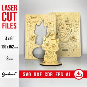 Happy Bday 3D gegraveerde pop-upkaart SVG – Wooden Cat Kitty 3 mm, lasergesneden bestanden DXF CdR EPS Ai, verjaardagswenskaart, direct downloaden 4 x 6"