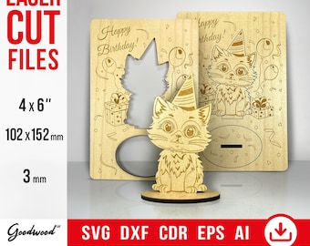 Happy Bday 3D Pop-Up Engraved Card SVG – Wooden Cat Kitty 3mm, Laser Cut Files DXF CdR EPS Ai, Birthday Greeting Card, Instant Download 4x6&quot;