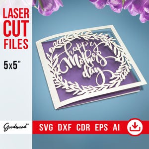 Arquivo digital Cartão de Dia das Mães 5x5 – SVG, DXF, EPS, CdR – Guirlanda de flores cortadas a laser, modelo vetorial de Dia das Mães, download instantâneo