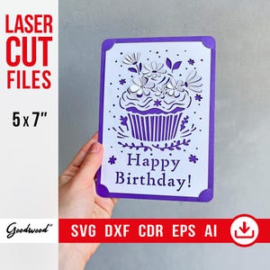 3D pop-up cake kaart SVG DXF – Floral verjaardag & verjaardag cupcake sjabloon, DIY papercut wenskaart 5 x 7", lasersnijden, direct downloaden