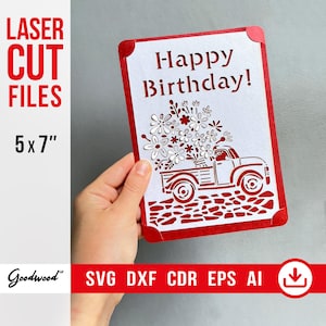 3D Pickup Truck Pop-Up Birthday Card SVG DXF – Flowers Bday Papercut Template, DIY Laser Cut Card 5x7", Handmade, Digital Download