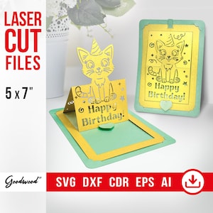 Katze Kitty Pop-Up-Kartenvorlage SVG, DIY Geburtstags-Papierkarte, Bday Geschenk, Laser-Schnitt-Dateien Sofort-Download 13x18"