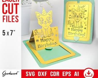 Cat Kitty Pop-Up Card Template SVG, DIY Birthday Paper Card, Bday Gift, Laser Cutting Files Svg DXF Cdr Pdf Eps, Instant Download, 5x7&quot;