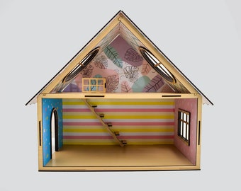 Casa de muñecas de madera 3DBRT para muñecas Kit vacío en miniatura Casa de madera Juguetes para niños Casa para muñecas 2 pisos con papel tapiz en las paredes