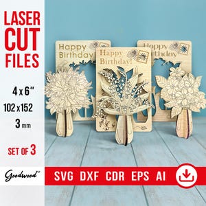 Set van 3 bloemen 3D-pop-upkaarten SVG – handgemaakte houten verjaardagskaarten, lelie- en boeketontwerpen, lasergesneden bestanden DXF, doe-het-zelfwenskaarten, 4 x 6"