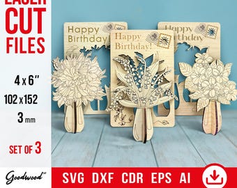 Set of 3 Floral 3D Pop-Up Cards SVG – Handmade Wooden Birthday Cards, Lily & Bouquet Designs, Laser Cut Files DXF, DIY Greeting Cards, 4x6"