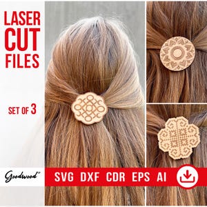 Ornamental Hair Clips SVG Templates – Laser Cut Files Dxf, Wooden Hair Barrettes Pattern, Decorative Engraved Hair Accessories, Bundle of 3