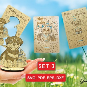 Tarjeta SVG de gato, pug y rottweiler: tarjetas desplegables de felicitación de cumpleaños 3D, archivos cortados con láser DXF CdR EPS, plantilla de madera, descarga instantánea, juego de 3