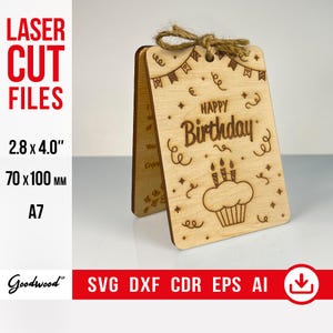 Gelukkige verjaardag kaartsjabloon SVG DXF AI | Houten verjaardagswenskaart met taart | Lasergesneden bestanden | Cupcake- en cakeontwerp | Direct downloaden