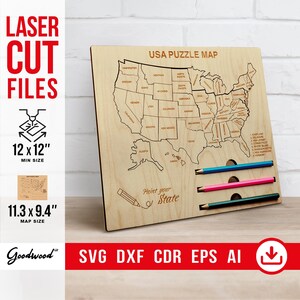 USA Puzzle Map Template SVG DXF - Hölzerne Desktop Map für Kinder, Laser geschnitten Dateien für 12x30 cm Bereich, Lernspielzeug, Instant Download