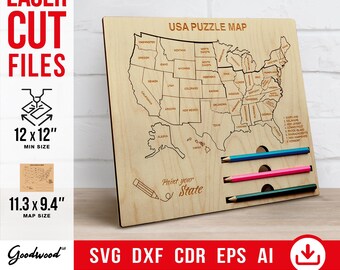 USA Puzzle Map Template SVG DXF – Wooden Coloring Desktop Map for Kids, Laser Cut Files for 12x12&quot; Area, Educational Toy, Instant Download