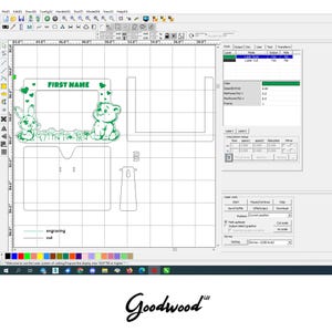 May include: A green laser cut design for a picture frame with a bunny and a bear on either side of the frame. The frame says "FIRST NAME" at the top. The design is on a white background with a grid.