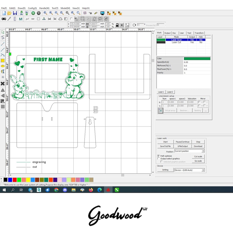 May include: A green laser cut design for a picture frame with a bunny and a bear on either side of the frame. The frame says "FIRST NAME" at the top. The design is on a white background with a grid.