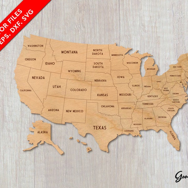 Archivos cortados con láser Big Wall Map USA svg dxf, Mapa de los Estados Unidos de América, Descarga digital instantánea eps, Viajes de mapas de rompecabezas de madera