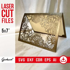 Convite de casamento SVG EPS Ai DXF | Modelo de cartão de papel floral para aniversário | Convite com flores cortadas a laser | Download instantâneo | 5x7"
