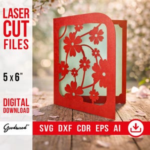 May include: A red laser-cut card with a floral design, measuring 5 x 6 inches. The card features cut-out flowers and stems, with a light green interior visible through the design. Text on the card reads "LASER CUT FILES" and "DIGITAL DOWNLOAD."