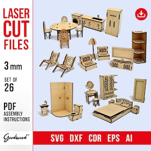 Hölzernes Puppenhaus-Miniatur-Möbel-Set — 26 Teile | Schlafzimmer Küche Badezimmer Wohnzimmer | Laser-Schnitt-Dateien SVG DXF | Maßstab 1:12, 3 mm Holz