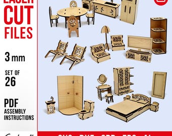 Wooden Dollhouse Miniature Furniture Set — 26 Pieces | Bedroom Kitchen Bathroom Living Room | Laser Cut Files SVG DXF | 1:12 Scale, 3mm Wood