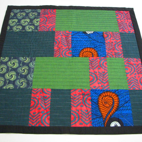 African quilted table topper for home decor, Green, blue and shops red handmade quilt for African gifts